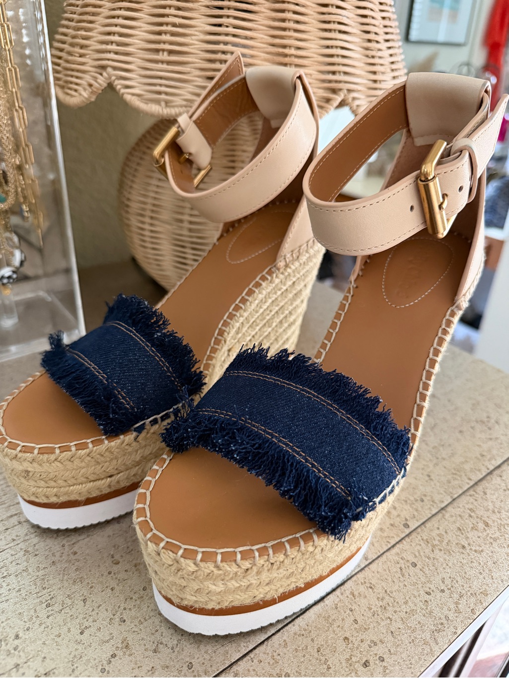 See By Chloe Beige And Navy Frayed Denim Platform Wedge Sandals
